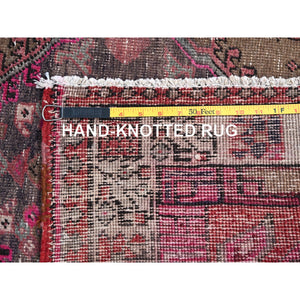3'6"x10'9" Multicolored, Sheared Low Distressed Look, Cropped Thin, Evenly Worn, Soft Wool, Hand Knotted, Persian Heriz, Sides And Ends Professionally Secured, Antique Runner Oriental Rug FWR519984