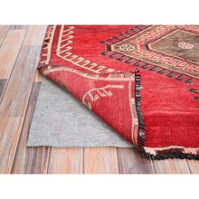 Load image into Gallery viewer, 4&#39;3&quot;x9&#39;3&quot; Rusty Red, Semi Antique Shiraz with Geometric Medallion, Evenly Worn, Full Pile, Organic Wool, Sides And Ends Professionally Secured and Cleaned, Sheared Low, Hand Knotted, Distressed, Wide Runner Oriental Rug FWR520080