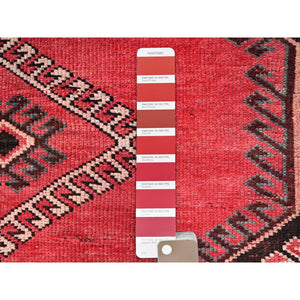 4'3"x9'3" Rusty Red, Semi Antique Shiraz with Geometric Medallion, Evenly Worn, Full Pile, Organic Wool, Sides And Ends Professionally Secured and Cleaned, Sheared Low, Hand Knotted, Distressed, Wide Runner Oriental Rug FWR520080