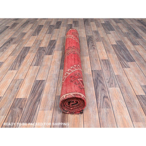4'3"x9'3" Rusty Red, Semi Antique Shiraz with Geometric Medallion, Evenly Worn, Full Pile, Organic Wool, Sides And Ends Professionally Secured and Cleaned, Sheared Low, Hand Knotted, Distressed, Wide Runner Oriental Rug FWR520080