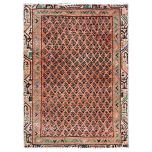 Load image into Gallery viewer, 2&#39;9&quot;x3&#39;10&quot; Canyon Sunset Orange, Hand Knotted With Boteh All Over Design, Distressed Look, Cropped Thin, Soft And Silky Wool, Evenly Worn With No Holes, Persian Sarouk Mir, Antique Oriental Rug FWR520104