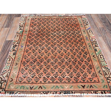 Load image into Gallery viewer, 2&#39;9&quot;x3&#39;10&quot; Canyon Sunset Orange, Hand Knotted With Boteh All Over Design, Distressed Look, Cropped Thin, Soft And Silky Wool, Evenly Worn With No Holes, Persian Sarouk Mir, Antique Oriental Rug FWR520104
