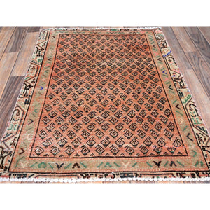 2'9"x3'10" Canyon Sunset Orange, Hand Knotted With Boteh All Over Design, Distressed Look, Cropped Thin, Soft And Silky Wool, Evenly Worn With No Holes, Persian Sarouk Mir, Antique Oriental Rug FWR520104