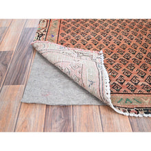 Load image into Gallery viewer, 2&#39;9&quot;x3&#39;10&quot; Canyon Sunset Orange, Hand Knotted With Boteh All Over Design, Distressed Look, Cropped Thin, Soft And Silky Wool, Evenly Worn With No Holes, Persian Sarouk Mir, Antique Oriental Rug FWR520104