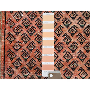 2'9"x3'10" Canyon Sunset Orange, Hand Knotted With Boteh All Over Design, Distressed Look, Cropped Thin, Soft And Silky Wool, Evenly Worn With No Holes, Persian Sarouk Mir, Antique Oriental Rug FWR520104