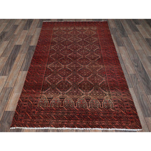 3'3"x6' Scarlet Red, Vintage Persian Baluch with Geometric Pattern, Abrash, Cropped Thin, Zero Pile, Evenly Worn, Sides and Ends Professionally Secured, Clean, Hand Knotted, 100% Wool, Oriental Rug 66 FWR5196
