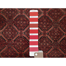 Load image into Gallery viewer, 3&#39;3&quot;x6&#39; Scarlet Red, Vintage Persian Baluch with Geometric Pattern, Abrash, Cropped Thin, Zero Pile, Evenly Worn, Sides and Ends Professionally Secured, Clean, Hand Knotted, 100% Wool, Oriental Rug 66 FWR5196