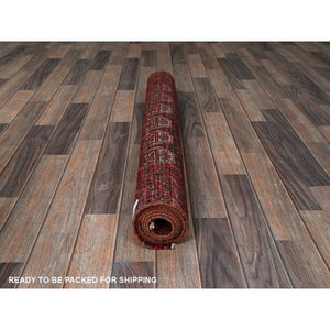 3'3"x6' Scarlet Red, Vintage Persian Baluch with Geometric Pattern, Abrash, Cropped Thin, Zero Pile, Evenly Worn, Sides and Ends Professionally Secured, Clean, Hand Knotted, 100% Wool, Oriental Rug 66 FWR5196