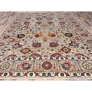 8'10"x11'7 Spanish Gray, Afghan Sultani With All Over Floral Pattern, Hand Knotted Densely Woven Pure Wool, Vegetable Dyes, Oriental Rug FWR520296
