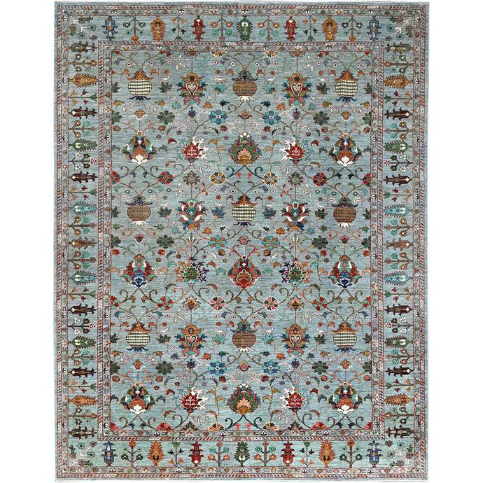 9'x12' Cameo Blue, Hand Knotted Soft and Vibrant Wool, Afghan Sultani Pomegranate Design, Denser Weave, Natural Dyes, Oriental Rug FWR520302