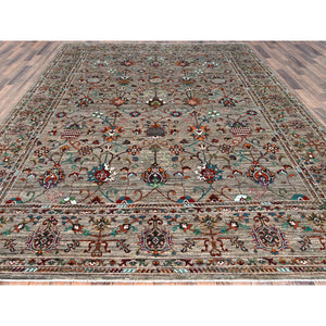 9'1"x12'2" Pinstripe Gray, Afghan Densely Woven Sultani With Pomegranate Design, Hand Knotted Soft and Velvety Wool, Natural Dyes Oriental Rug FWR520320
