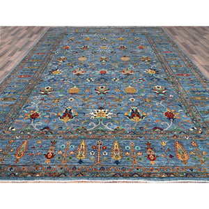 9'2"x12'8" Horizon Blue, Natural Wool, Vegetable Dyes Afghan Sultani Hand Knotted Pomegranate Design, Oriental Densely Woven Rug FWR520386