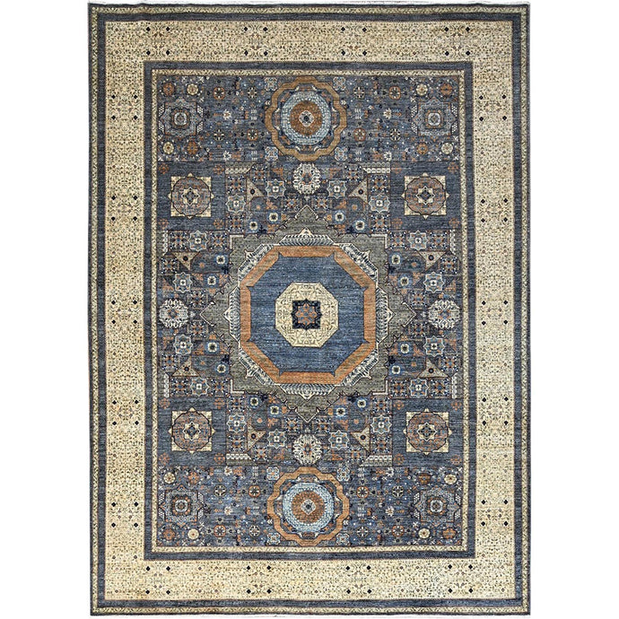 9'x12' Steel Gray, Hand Knotted 14th Century Mamluk Dynasty Pattern, 200 KPSI, Vegetable Dyes, Vibrant Wool, Oriental Rug FWR520422