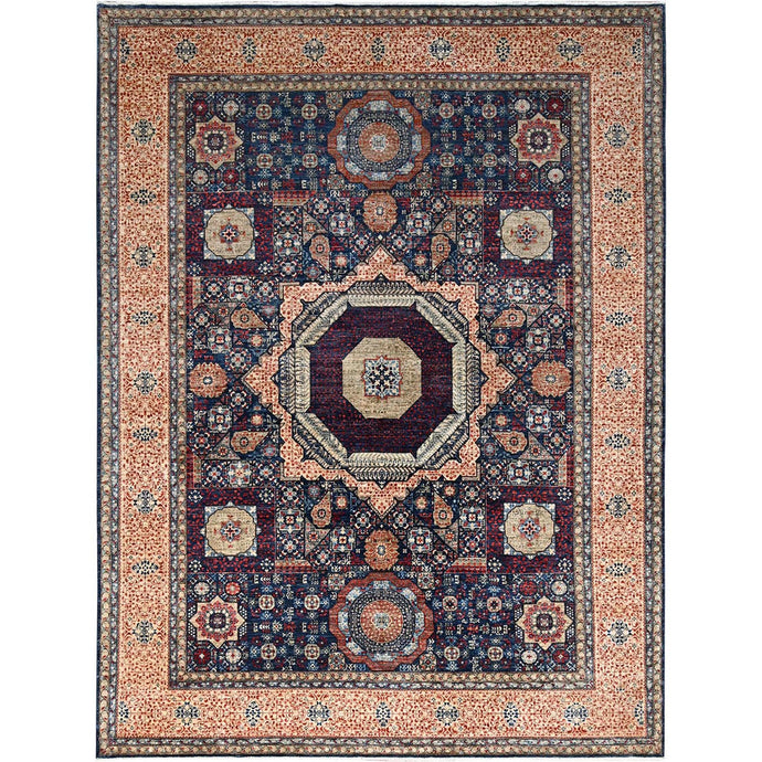 9'x12' Prussian Blue and Kilim Beige Border, Hand Knotted Soft Wool, 200 KPSI 14th Century Mamluk Dynasty Pattern, Vegetable Dyes, Oriental Rug FWR520428
