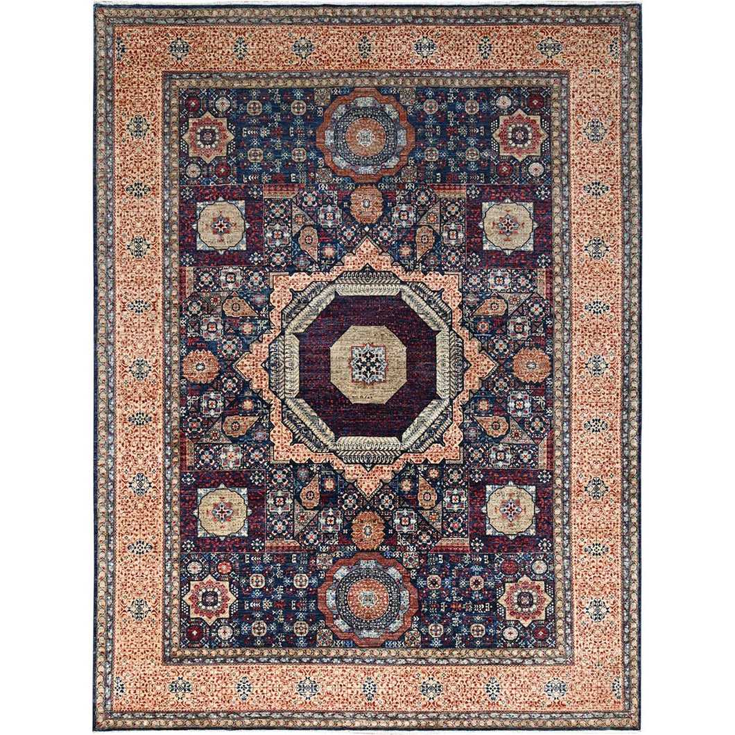 9'x12' Prussian Blue and Kilim Beige Border, Hand Knotted Soft Wool, 200 KPSI 14th Century Mamluk Dynasty Pattern, Vegetable Dyes, Oriental Rug FWR520428