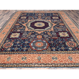 9'x12' Prussian Blue and Kilim Beige Border, Hand Knotted Soft Wool, 200 KPSI 14th Century Mamluk Dynasty Pattern, Vegetable Dyes, Oriental Rug FWR520428