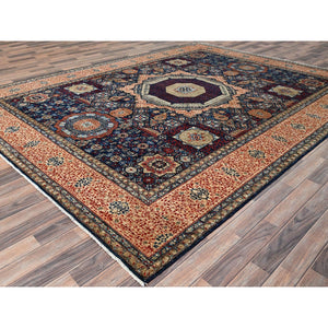 9'x12' Prussian Blue and Kilim Beige Border, Hand Knotted Soft Wool, 200 KPSI 14th Century Mamluk Dynasty Pattern, Vegetable Dyes, Oriental Rug FWR520428