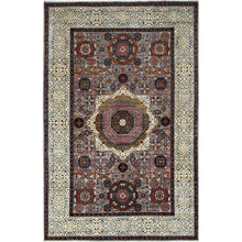 Load image into Gallery viewer, 6&#39;1&quot;x9&#39;3&quot; Alloy Gray and Alabaster White Border, Hand Knotted 14th Century Mamluk Dynasty With Geometric Motifs Design, 200 KPSI, Vegetable Dyes, 100% Wool, Oriental Rug FWR520452