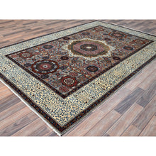 Load image into Gallery viewer, 6&#39;1&quot;x9&#39;3&quot; Alloy Gray and Alabaster White Border, Hand Knotted 14th Century Mamluk Dynasty With Geometric Motifs Design, 200 KPSI, Vegetable Dyes, 100% Wool, Oriental Rug FWR520452