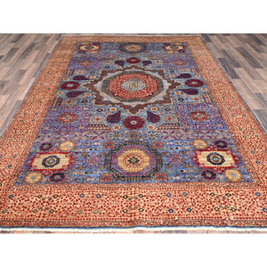 6'1"x9' Horizon Blue, Beige Border, Hand Knotted, All Wool Natural Dyes, 14th Century Mamluk Dynasty Design, 200 KPSI, Oriental Rug FWR520458