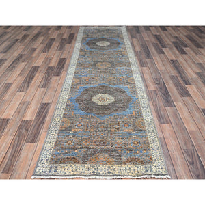 2'9"x9'10" Icy Gray, Natural Dyes Hand Knotted, 200 KPSI, Large Medallions Design, 14th Century Mamluk Dynasty, Natural Wool Runner Oriental Rug FWR520548