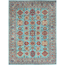 Load image into Gallery viewer, 9&#39;x12&#39;1&quot; Fanfare Blue, Kazak With Geometric Pattern, Vegetable Dyes and Densely Woven, 100% Wool Hand Knotted Oriental Rug FWR520590