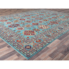 Load image into Gallery viewer, 9&#39;x12&#39;1&quot; Fanfare Blue, Kazak With Geometric Pattern, Vegetable Dyes and Densely Woven, 100% Wool Hand Knotted Oriental Rug FWR520590