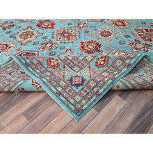 Load image into Gallery viewer, 9&#39;x12&#39;1&quot; Fanfare Blue, Kazak With Geometric Pattern, Vegetable Dyes and Densely Woven, 100% Wool Hand Knotted Oriental Rug FWR520590