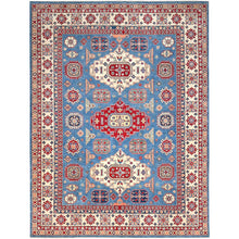 Load image into Gallery viewer, 9&#39;3&quot;x12&#39; Lichen Blue With Atrium White, Densely Woven All Wool, Hand Knotted Kazak With Triple Medallions, Natural Dyes, Oriental Rug FWR520596