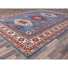 Load image into Gallery viewer, 9&#39;3&quot;x12&#39; Lichen Blue With Atrium White, Densely Woven All Wool, Hand Knotted Kazak With Triple Medallions, Natural Dyes, Oriental Rug FWR520596