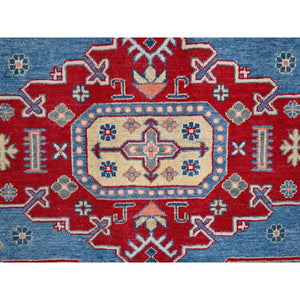 9'3"x12' Lichen Blue With Atrium White, Densely Woven All Wool, Hand Knotted Kazak With Triple Medallions, Natural Dyes, Oriental Rug FWR520596