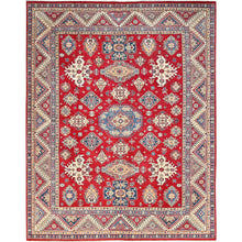 Load image into Gallery viewer, 9&#39;2&quot;x11&#39;6&quot; Valiant Poppy Red With Opulence White, Extra Soft Wool, Hand Knotted, Natural Dyes, Denser Weave Kazak with All Over Tribal Motifs, Oriental Rug FWR520602