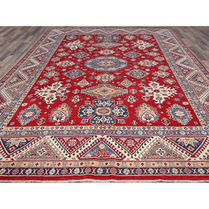 9'2"x11'6" Valiant Poppy Red With Opulence White, Extra Soft Wool, Hand Knotted, Natural Dyes, Denser Weave Kazak with All Over Tribal Motifs, Oriental Rug FWR520602