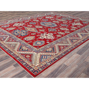 9'2"x11'6" Valiant Poppy Red With Opulence White, Extra Soft Wool, Hand Knotted, Natural Dyes, Denser Weave Kazak with All Over Tribal Motifs, Oriental Rug FWR520602
