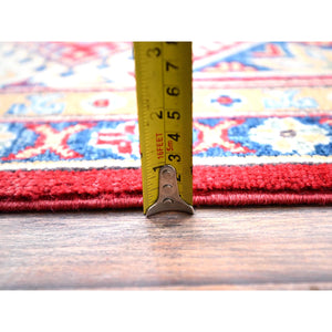 9'2"x11'6" Valiant Poppy Red With Opulence White, Extra Soft Wool, Hand Knotted, Natural Dyes, Denser Weave Kazak with All Over Tribal Motifs, Oriental Rug FWR520602
