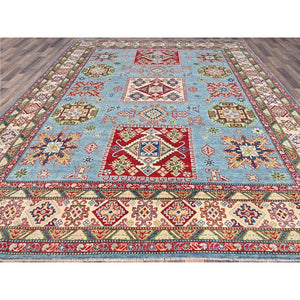 9'x11'9" Venus Blue With Ivory Border, Tribal Pattern, Vegetable Dyes With Densely Woven, Hand Knotted Pure Wool Kazak, Oriental Rug FWR520620