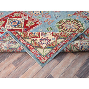 9'x11'9" Venus Blue With Ivory Border, Tribal Pattern, Vegetable Dyes With Densely Woven, Hand Knotted Pure Wool Kazak, Oriental Rug FWR520620