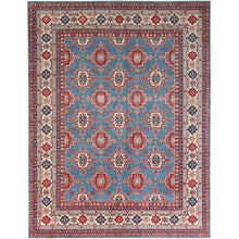Load image into Gallery viewer, 9&#39;2&quot;x11&#39;9&quot; Yale Blue, Denser Weave, Hand Knotted Kazak Design With Geometric Medallions All Over, Natural Dyes With Pure Wool, Oriental Rug FWR520680