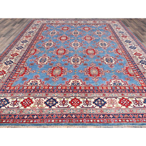 9'2"x11'9" Yale Blue, Denser Weave, Hand Knotted Kazak Design With Geometric Medallions All Over, Natural Dyes With Pure Wool, Oriental Rug FWR520680