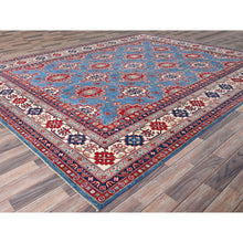 Load image into Gallery viewer, 9&#39;2&quot;x11&#39;9&quot; Yale Blue, Denser Weave, Hand Knotted Kazak Design With Geometric Medallions All Over, Natural Dyes With Pure Wool, Oriental Rug FWR520680