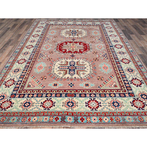 6'4"x9'2" Sepia Rose Pink With Cotton White, Hand Knotted, Organic Wool And Denser Weave, Natural Dyes, Kazak With All Over Motifs, Oriental Rug FWR520710