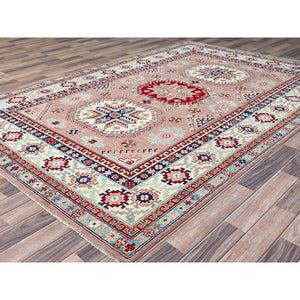 6'4"x9'2" Sepia Rose Pink With Cotton White, Hand Knotted, Organic Wool And Denser Weave, Natural Dyes, Kazak With All Over Motifs, Oriental Rug FWR520710
