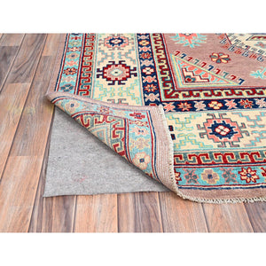 6'4"x9'2" Sepia Rose Pink With Cotton White, Hand Knotted, Organic Wool And Denser Weave, Natural Dyes, Kazak With All Over Motifs, Oriental Rug FWR520710