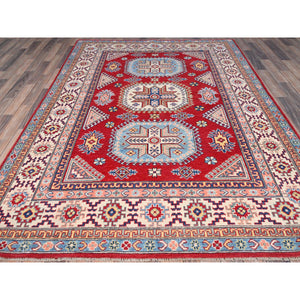6'x8'9" Toreador Red With Arcade White, Hand Knotted Vegetable Dyes, Kazak Denser Weave With Large Elements, Extra Soft Wool Oriental Rug FWR520728