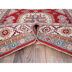 6'x8'9" Toreador Red With Arcade White, Hand Knotted Vegetable Dyes, Kazak Denser Weave With Large Elements, Extra Soft Wool Oriental Rug FWR520728