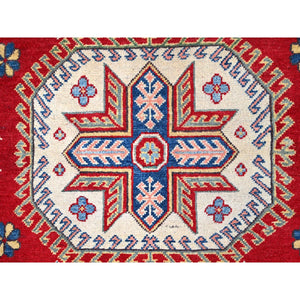 6'x8'9" Toreador Red With Arcade White, Hand Knotted Vegetable Dyes, Kazak Denser Weave With Large Elements, Extra Soft Wool Oriental Rug FWR520728