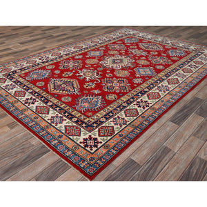 6'1x9'1" California Poppy Red, All Over Medallions, All Wool, Densely Woven, Natural Dyes, Kazak Tribal Design, Hand Knotted Oriental Rug FWR520734