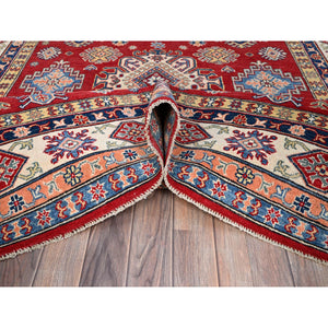 6'1x9'1" California Poppy Red, All Over Medallions, All Wool, Densely Woven, Natural Dyes, Kazak Tribal Design, Hand Knotted Oriental Rug FWR520734