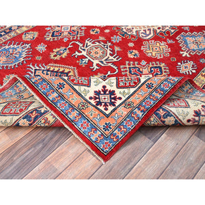 6'1x9'1" California Poppy Red, All Over Medallions, All Wool, Densely Woven, Natural Dyes, Kazak Tribal Design, Hand Knotted Oriental Rug FWR520734