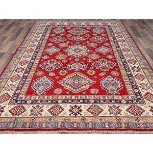 6'2"x8'9" Chili Oil Red With Honied White, Hand Knotted Kazak, Geometric Medallions Design, Densely Woven Shiny Wool Vegetable Dyes, Oriental Rug FWR520740